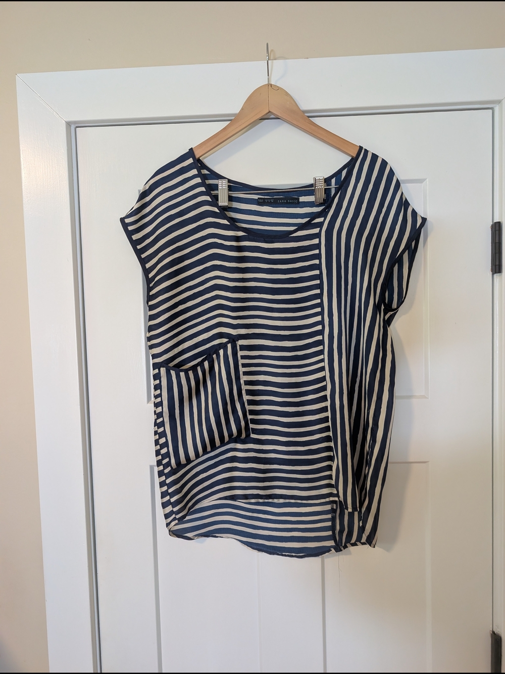 Zara Navy and White Asymmetric Stripe Pocket Top